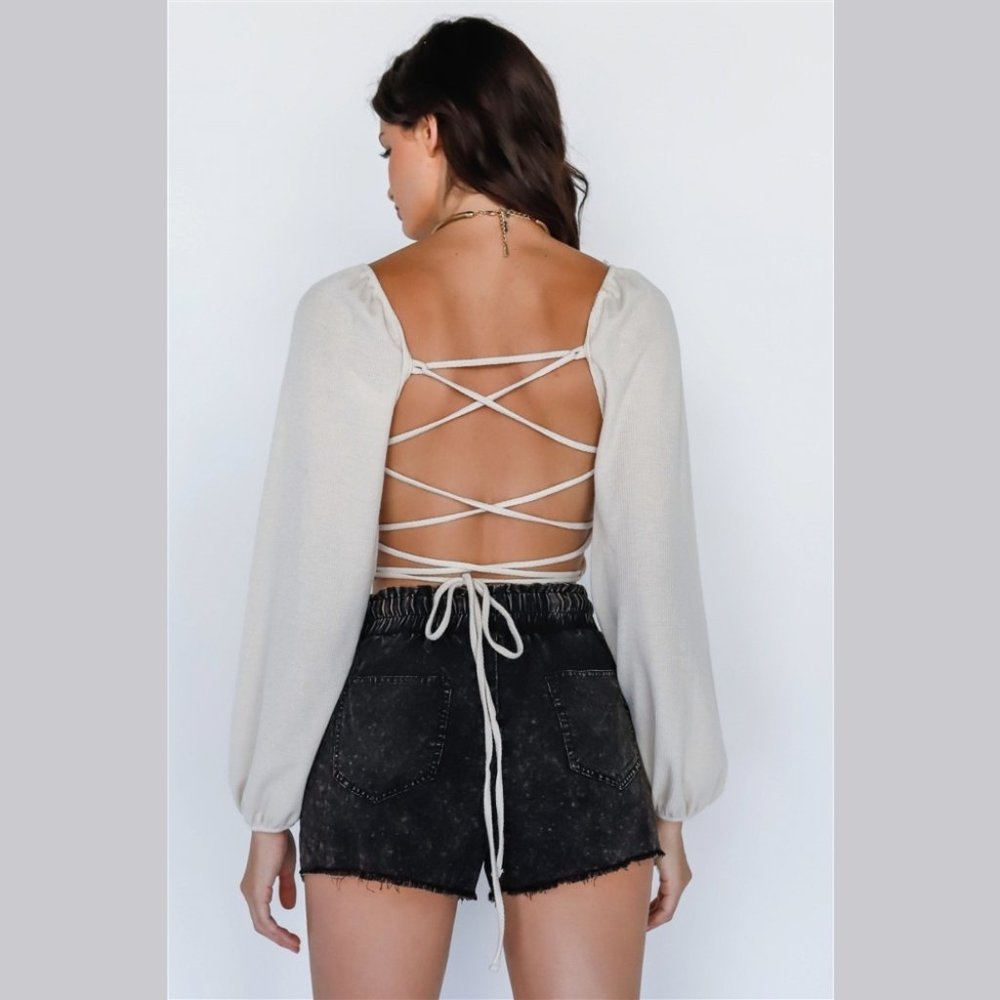 Taupe Waffle Knit V-Neck Black Lace Down Long Sleeve Crop Top - Picture 5 of 8